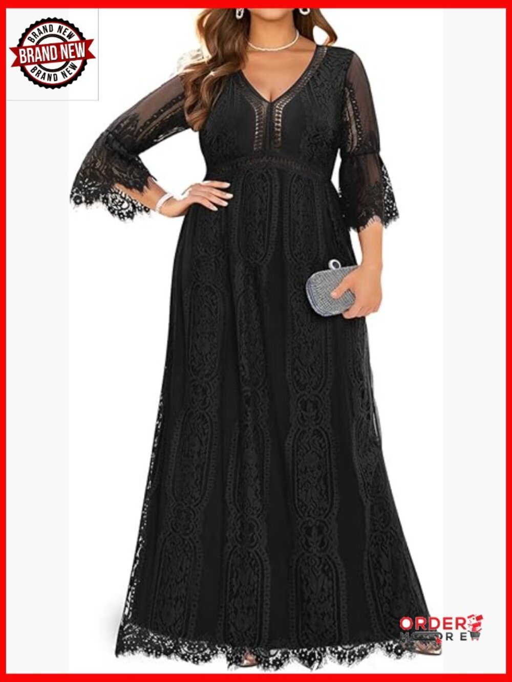 Plus Size Maxi Wedding Dress Lace V-Neck 3/4 Sleeve A-Line Bohemian Formal